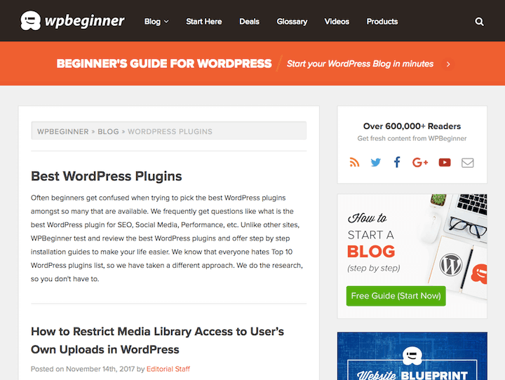WP Beginner's Plugins category archive with intro text above the first post