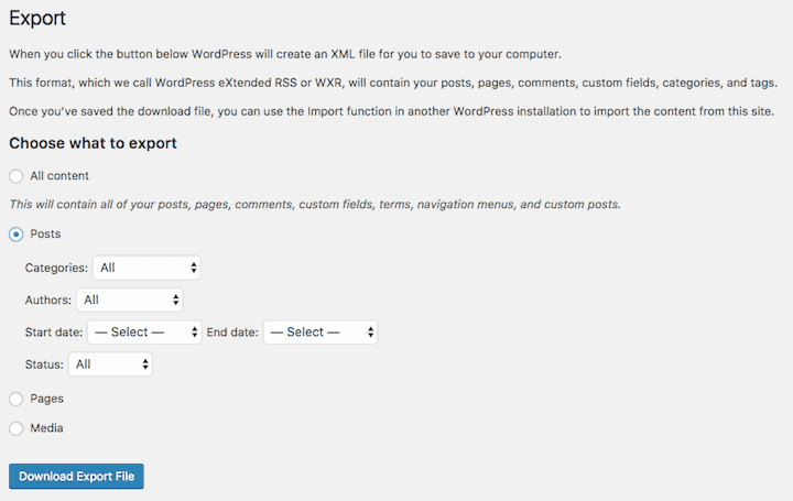 WordPress Export options for posts