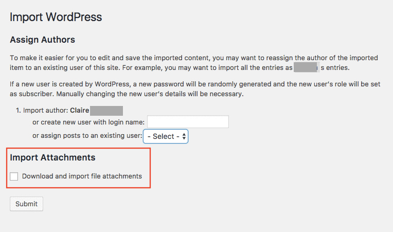 Import WordPress dialog with Import Attachments highlighted