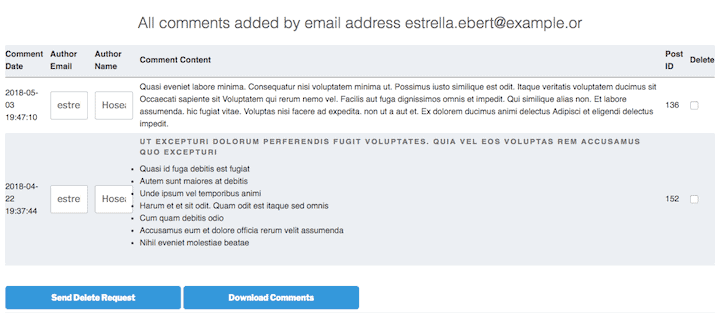 All comments for a given email address, listed by WP GDPR