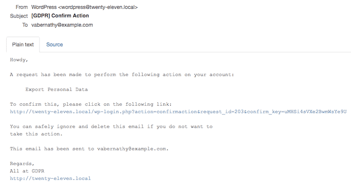 An email sent in response to an Export Personal Data request in WordPress 4.9.6