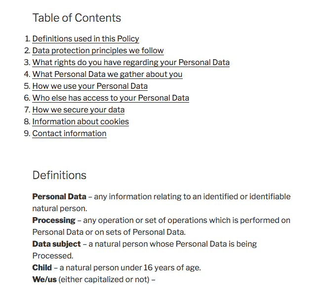 A segment of The GDPR Framework privacy policy template