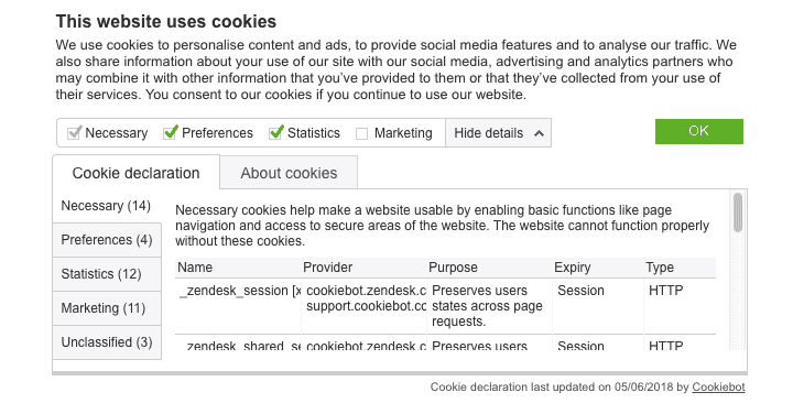 Cookiebot cookies grouped by type