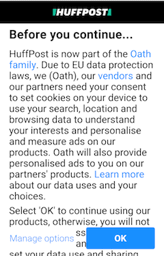 Huffpost cookie notice on mobile