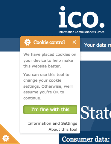 ICO Cookie control pop-up