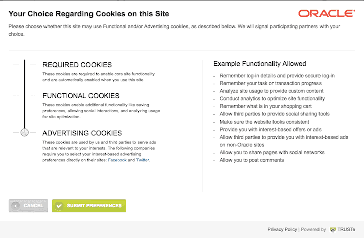 Cookie control with a slider on Oracle's website
