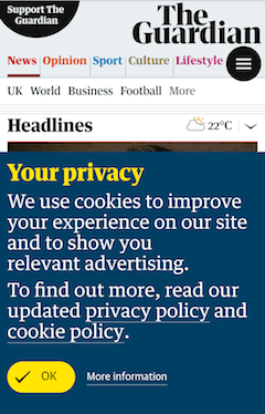 The Guardian cookie notice on mobile
