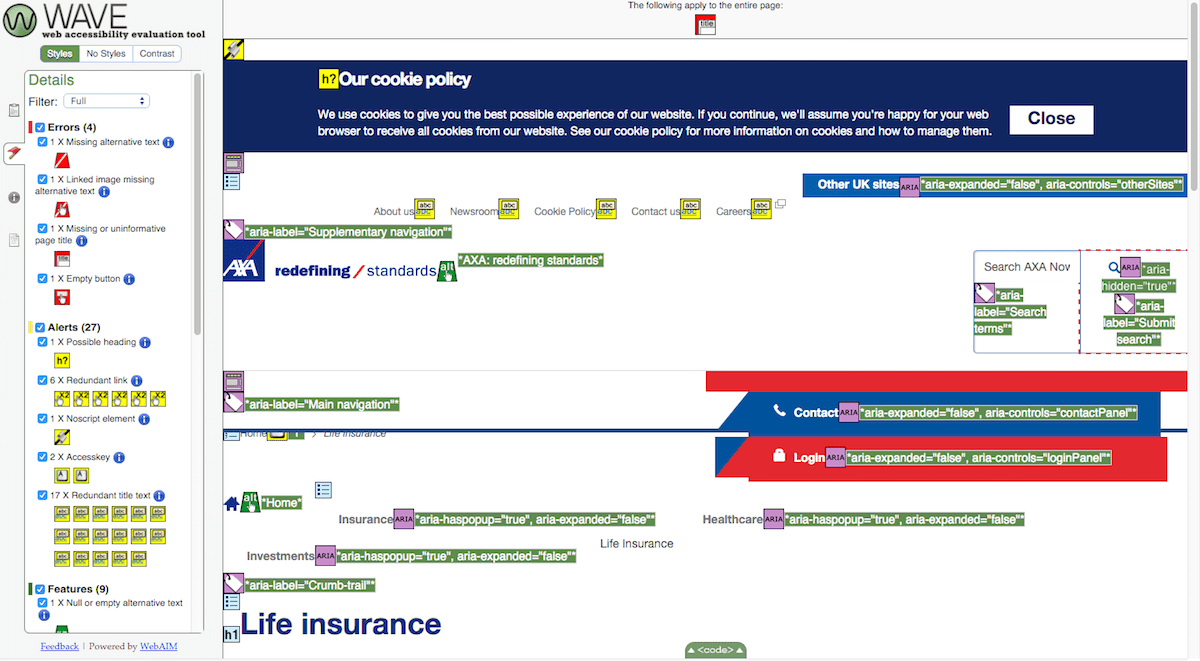 WAVE accessibility testing of the AXA Life Insurance page