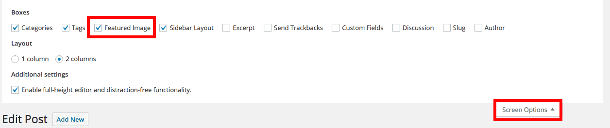 Screen Options section showing the Featured Image checkbox
