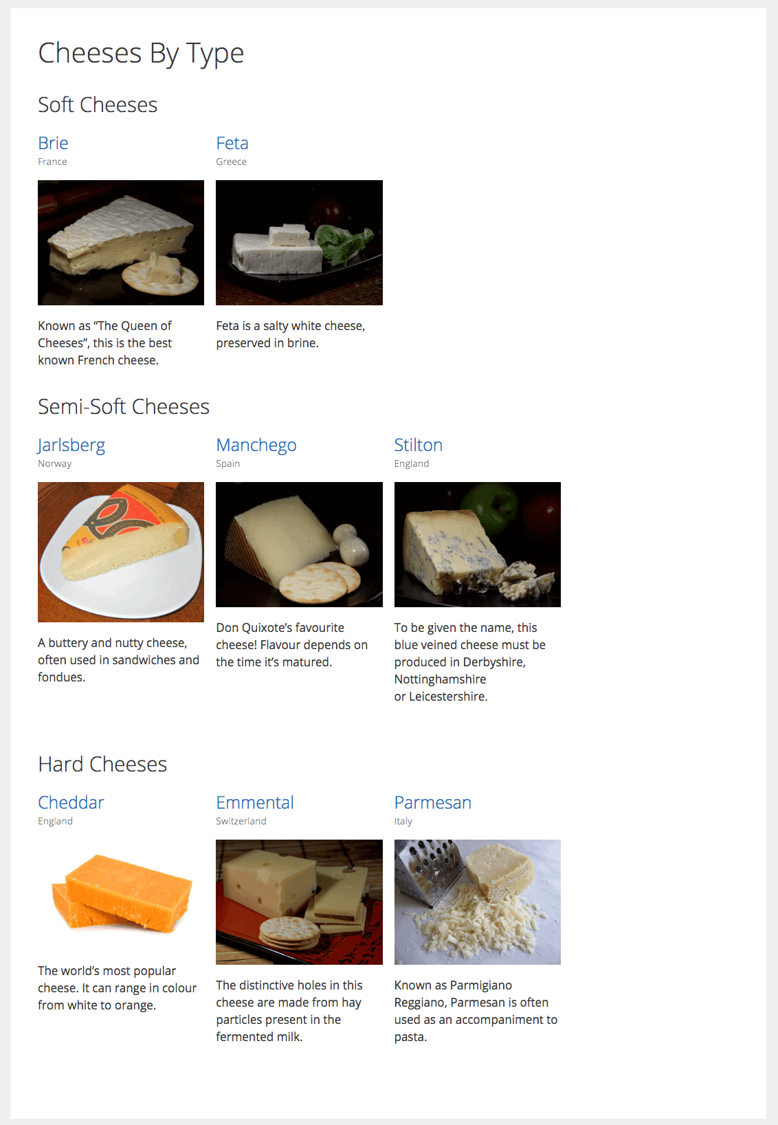 Cheeses shown by type - soft, semi-soft or hard