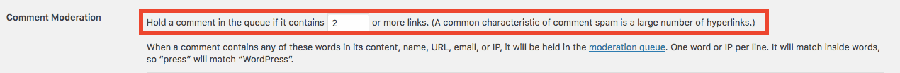 Comment Moderation settings - links