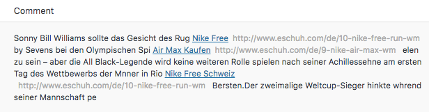 A spam comment with multiple links to sell Nike products