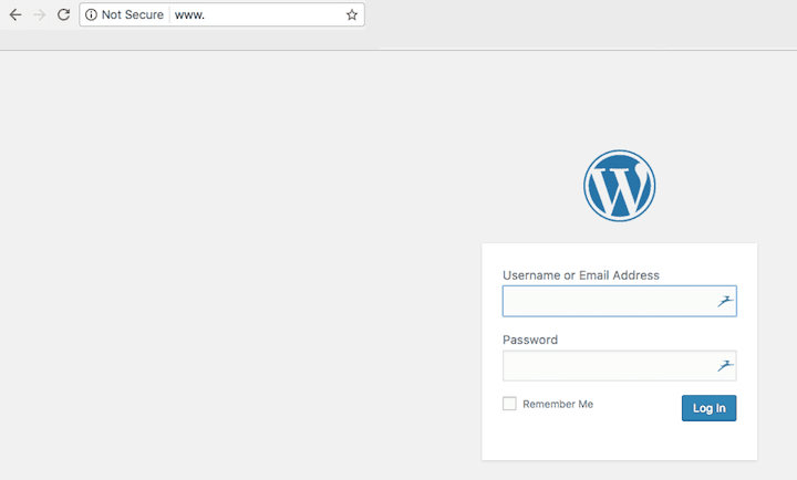 A WordPress login page marked as Not Secure
