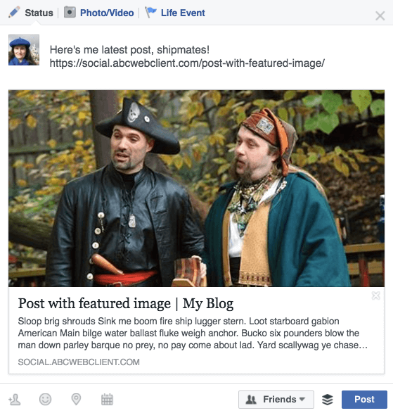 A post with a featured image shows the correct image on Facebook