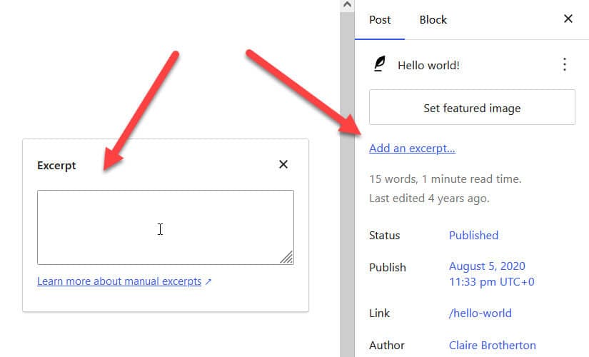 Showing the Excerpt box in the block editor
