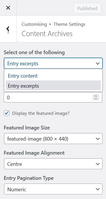 Genesis Content Archives settings showing Entry excerpts setting