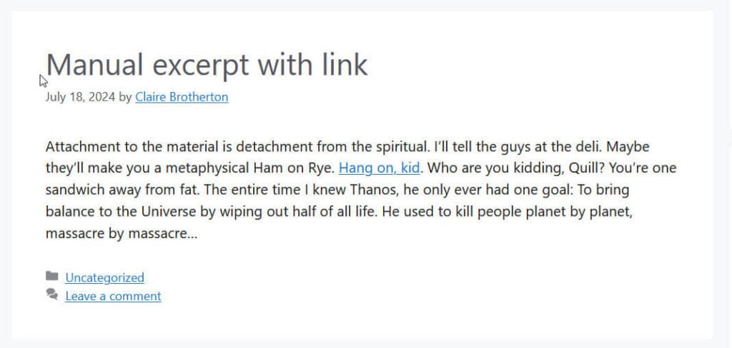 Manual excerpt with link in GeneratePress