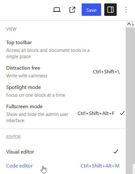 Selecting the code editor in the block editor
