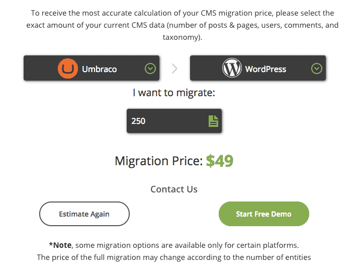 A CMS2CMS Umbraco migration to WordPress of 250 pages costs $49