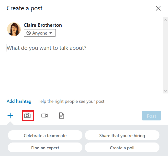 Create a post on LinkedIn with the photo button highlighted