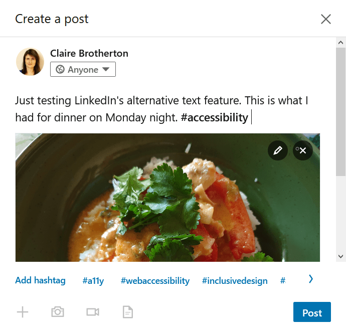 A LinkedIn post ready to post. The image has alt text.
