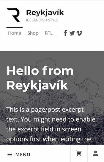 Reykjavik homepage on Android phone showing mobile menu