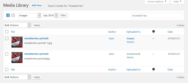 Media Library filtered by Images, July 2018, and strawberries