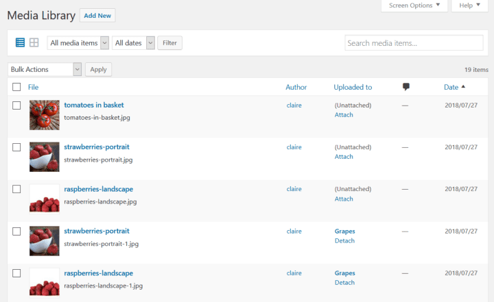 Media reordered by date (these all have the same date, so are orderd by upload time)