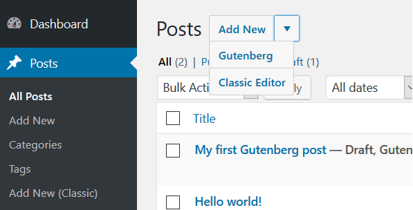 Two methods to use the Classic Editor - in the menu and via a dropdown