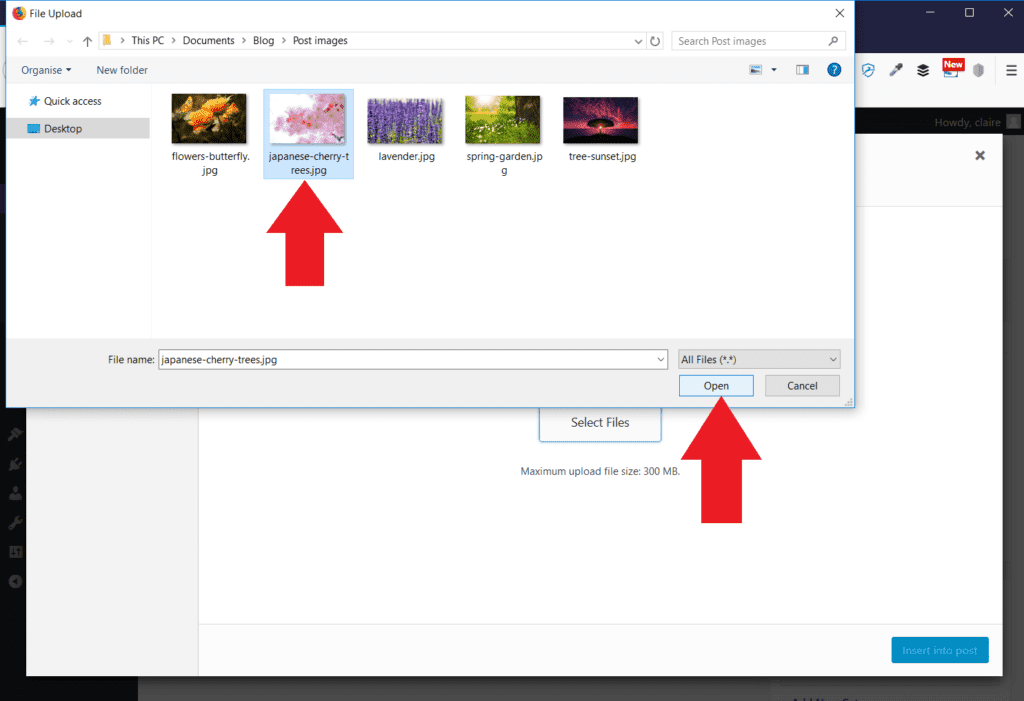 Select and open a file to upload it