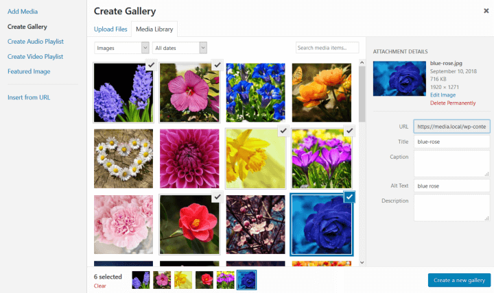 6 images selected to create a WordPress gallery