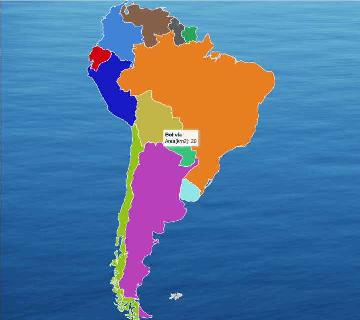 A coloured map of South America shows name and area when you hover over each country