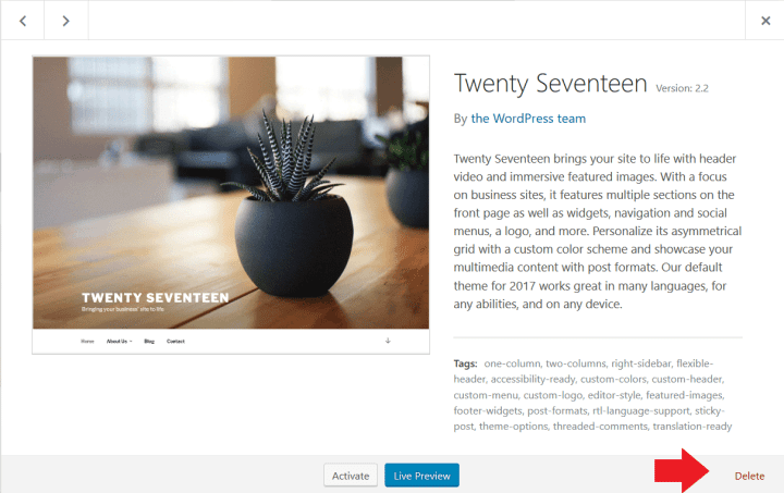 Delete Twenty Seventeen theme
