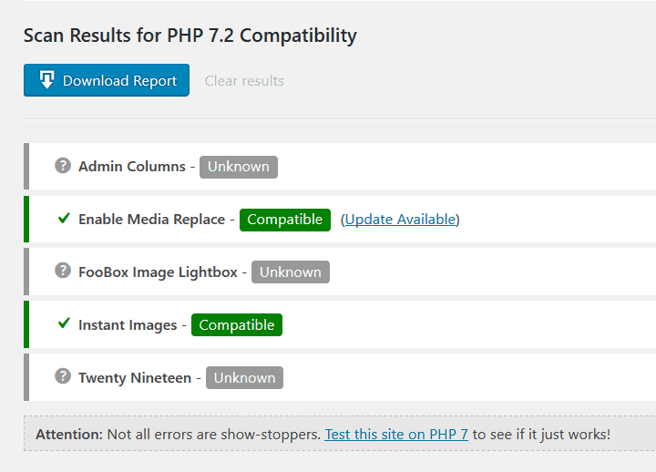 PHP Compatibility Checker scan results