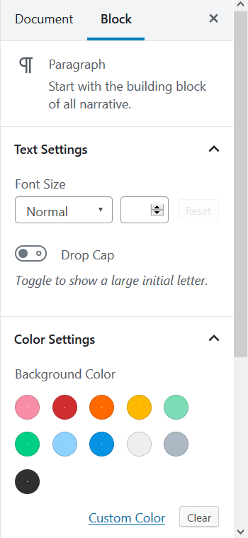 Some of the Paragraph block settings