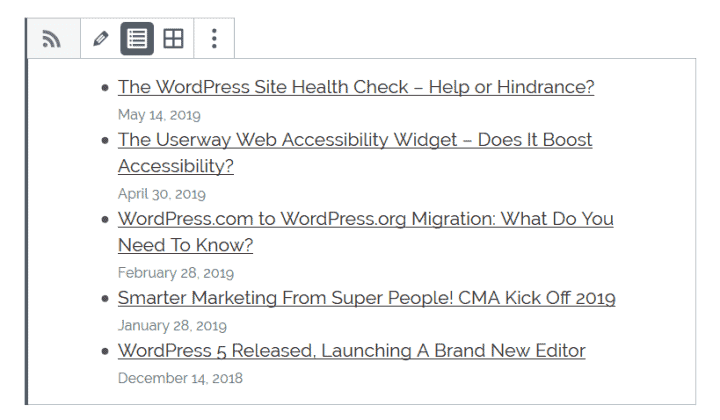 The RSS feed block showing posts from A Bright Clear Web