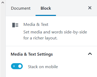 The Stack on mobile control toggled on in Block Settings