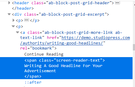 The Continue Reading shows the post title to screen readers in Authority Pro