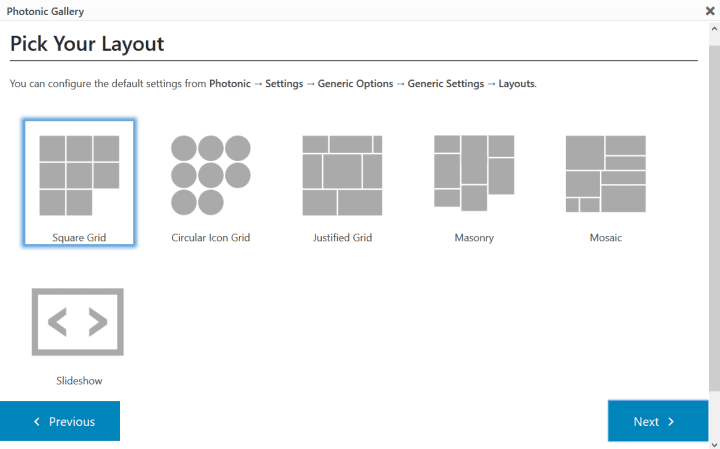 Photonic gallery layouts - square grid, circular grid, justified grid, masonry, mosaic and slideshow