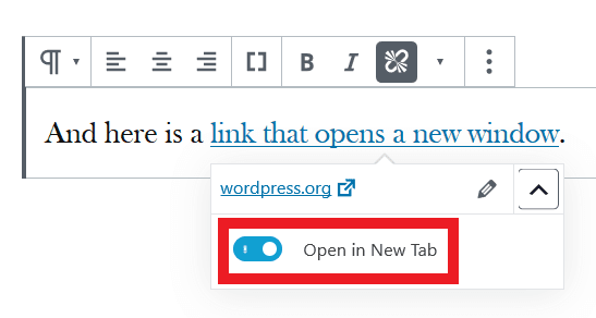 The Open in New Tab toggle for a link