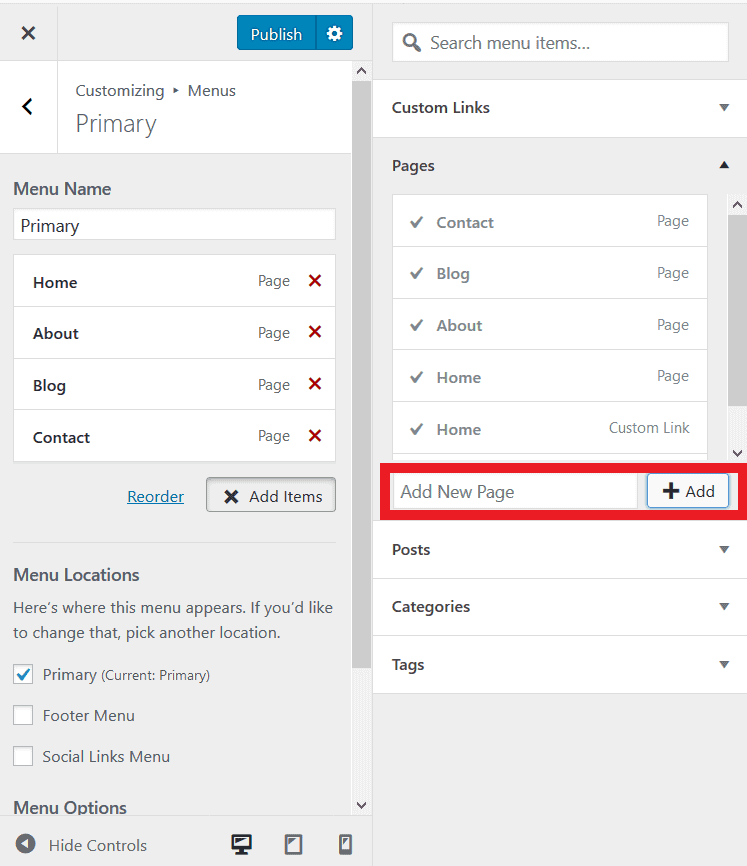 Add new pages to the Primary menu