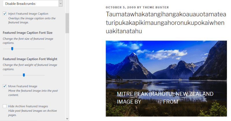 The featured image is under the post title, and has a caption overlay with smaller font and less bold font weight. The links are in grey and would need to be adjusted with additional CSS to be readable.
