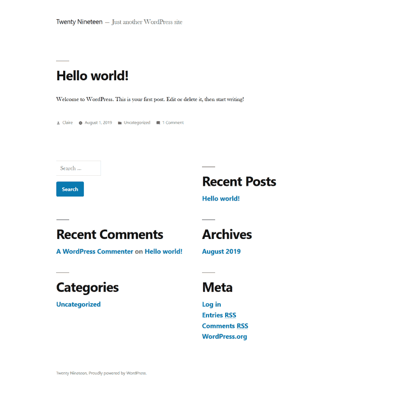 Twenty Nineteen homepage on a new WordPress install