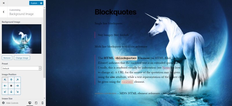 Unicorn background image with the Default preset