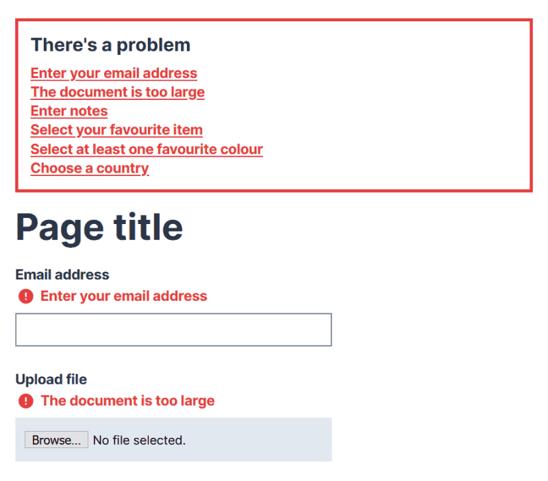 Form error message design pattern from Adam Silver. The errors are listed at the top of the page and each one links to the relevant form control. Symbols are also used.