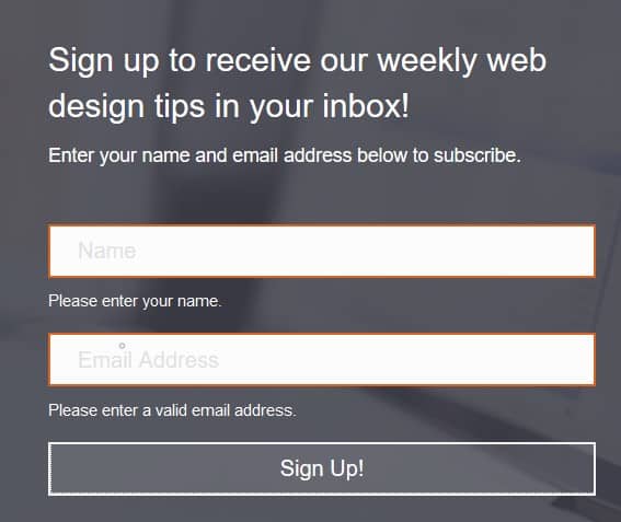 Subscribe form with warning of required fields when fields aren't completed
