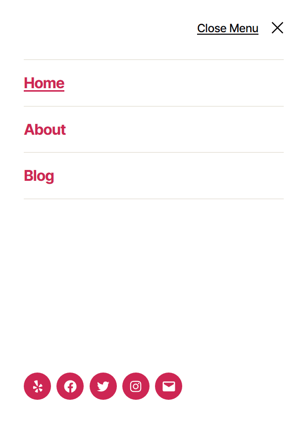 Menu with 3 items - Home, About, Blog, and social links at the bottom