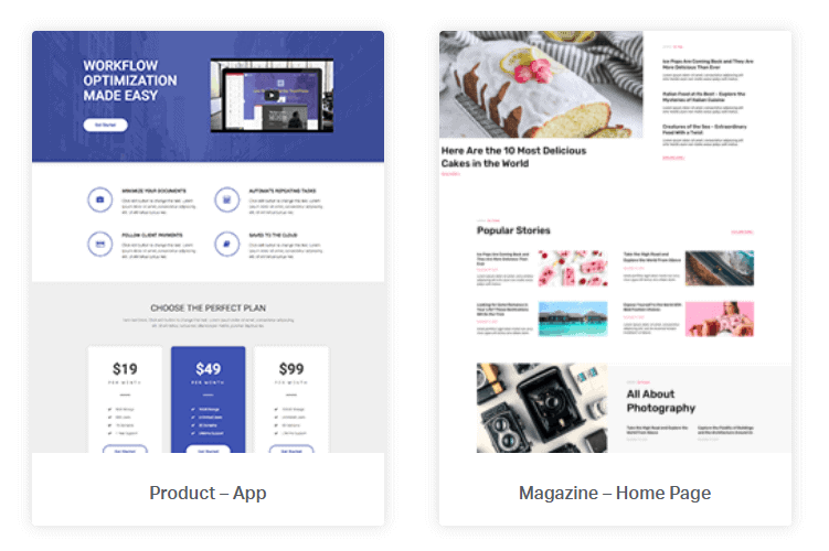 Elementor templates for an app and a magazine home page