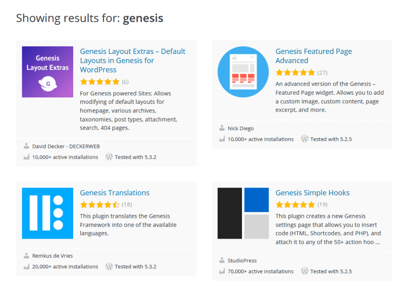 Four of the plugins in a search on WordPress.org for Genesis