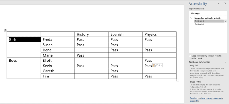 Accessibility checker warning of merged or split cells in table